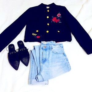 Stylish Black Embroidery Floral Military Jacket